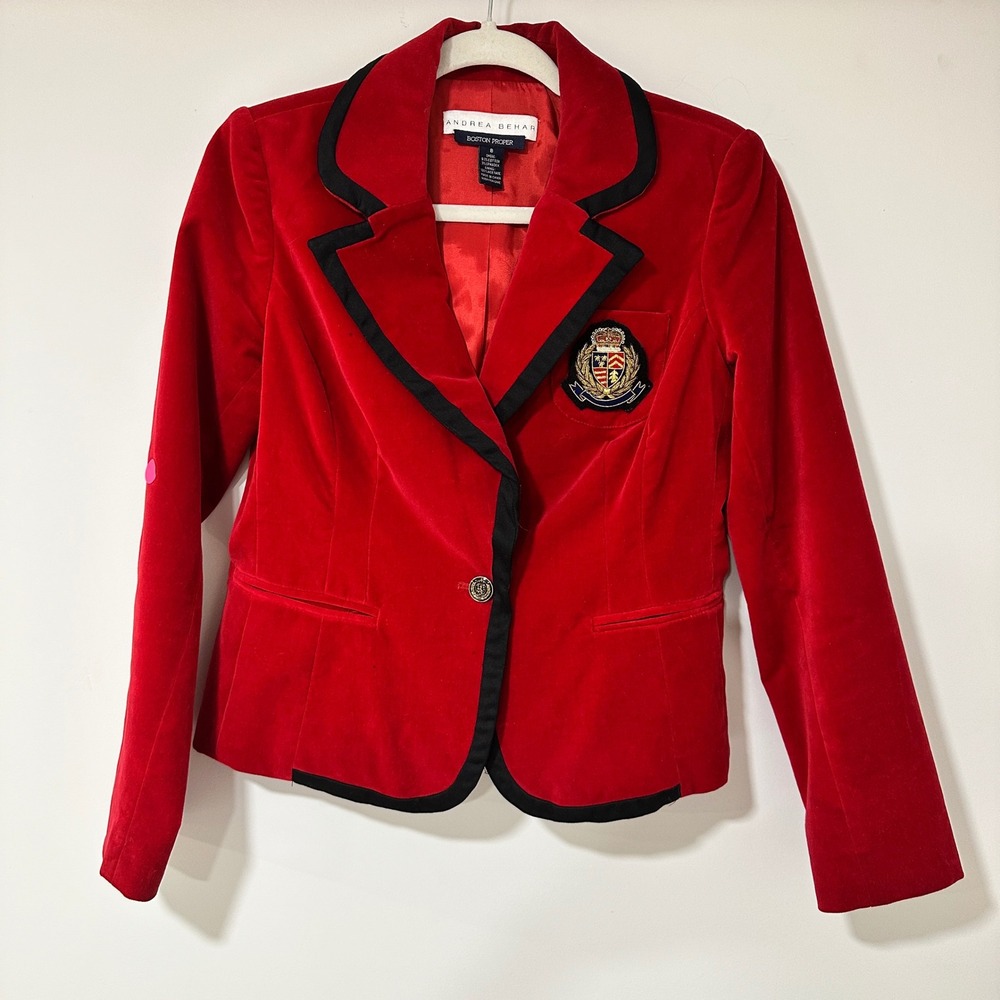 Andrea Behar Boston Proper Blazer 8 Red Velvet Crest Patch Women Cotton Stretch